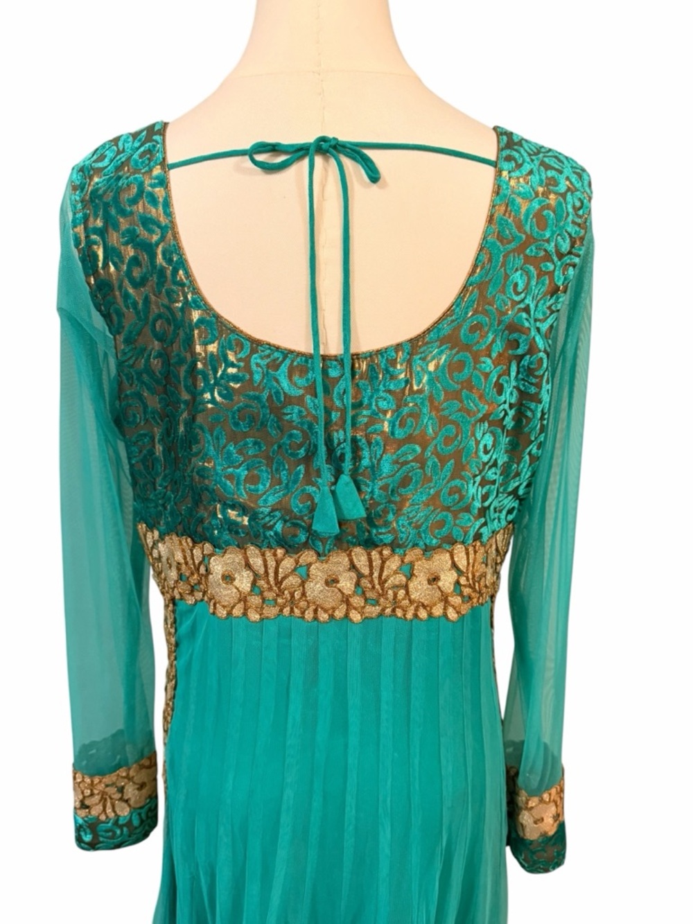 Turquoise Gold Anarkali Maxi Dress Indian Wedding Guest Bollywood Gown Medium - Picture 5 of 16